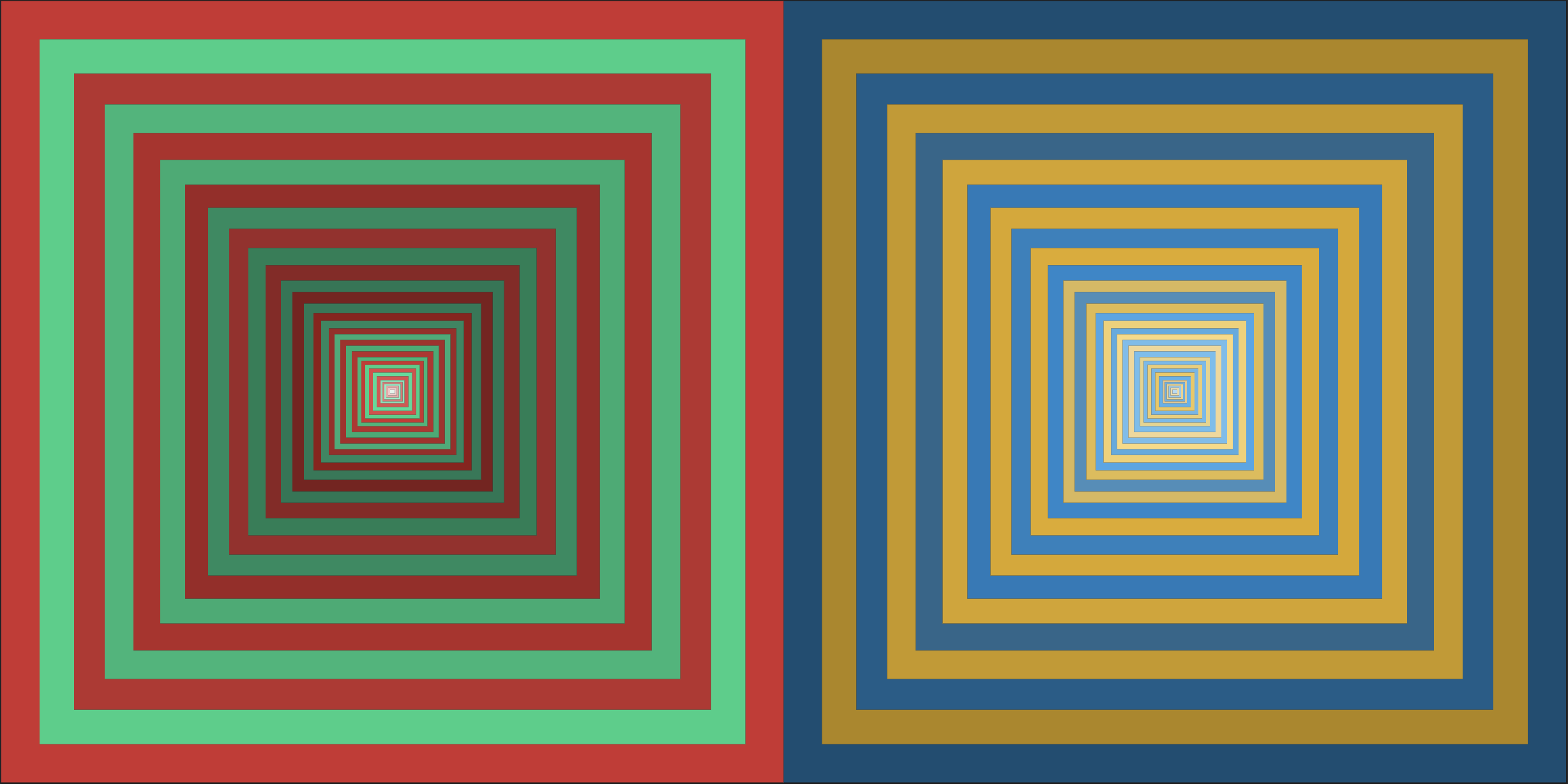 Two different optical illusion like blocks side by side: one with red & green, the other with blue & yellow