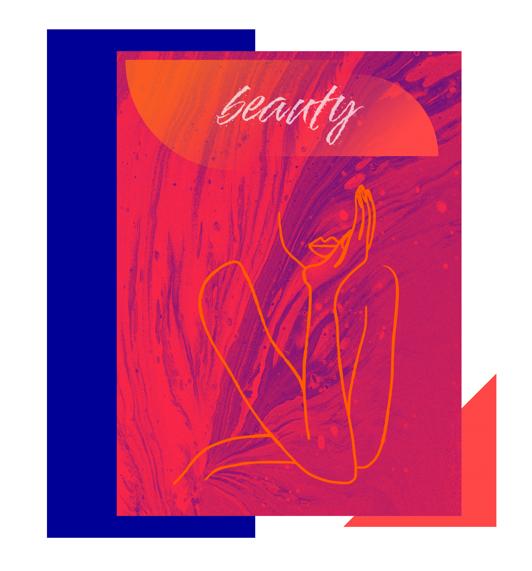 Outline of a person with the word beauty above them on a pink backdrop, layered further with a blue, white, orange background.