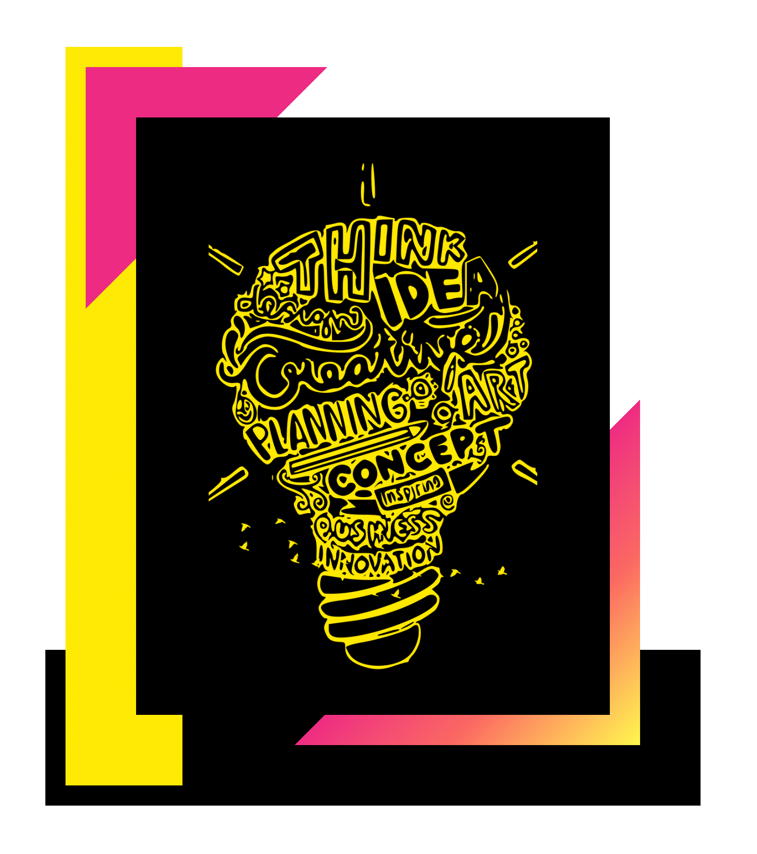 Words in the shape of a lightbulb on a colorful pink, yellow, white, and black background.