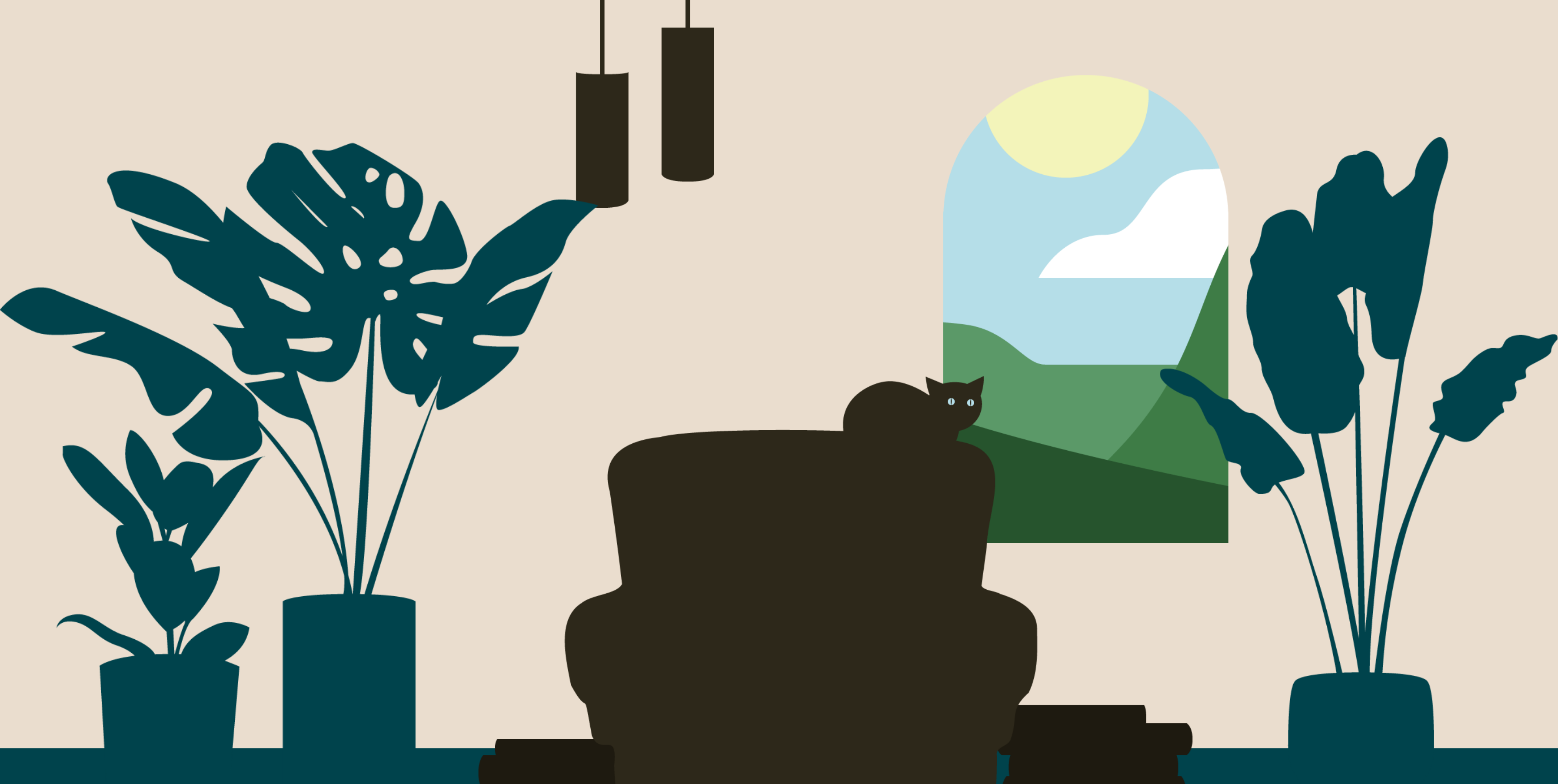 Layered image of a cat on a chair looking through a window surrounded by plants.