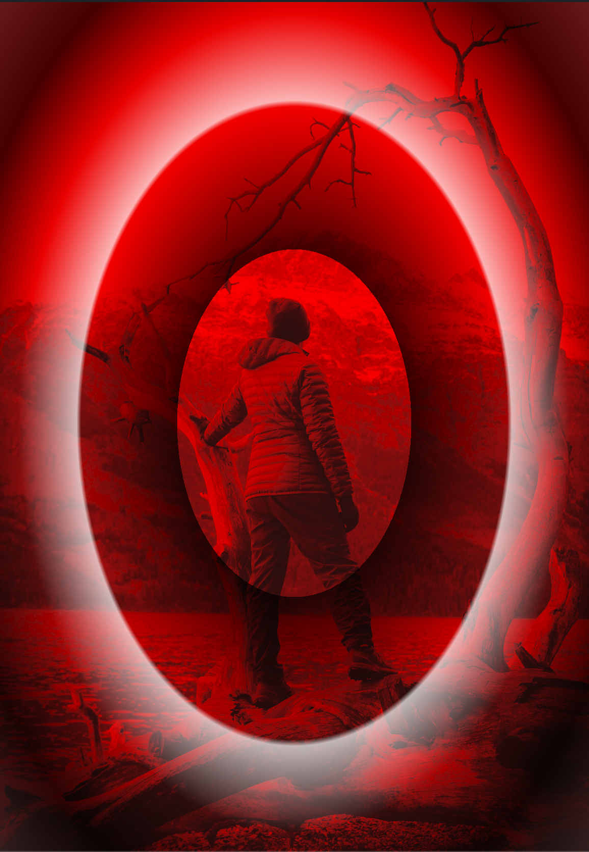 Person standing in the center of an image that's a gradient of red, white, and black. A black and then white circle encompass the person.